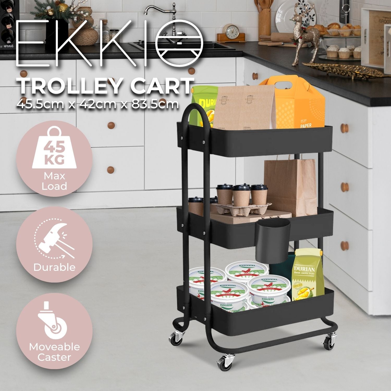 Durable Multifunction Kitchen Trolley Cart 3 Tier, 45kg Capacity, Black - EKKIO