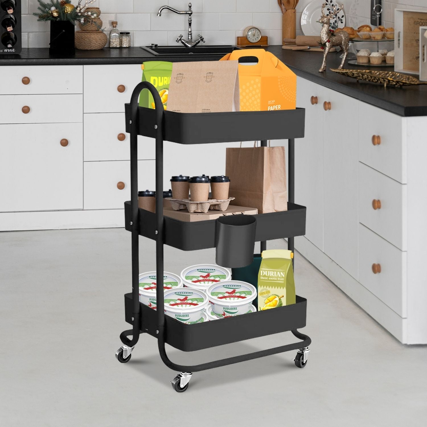 Durable Multifunction Kitchen Trolley Cart 3 Tier, 45kg Capacity, Black - EKKIO