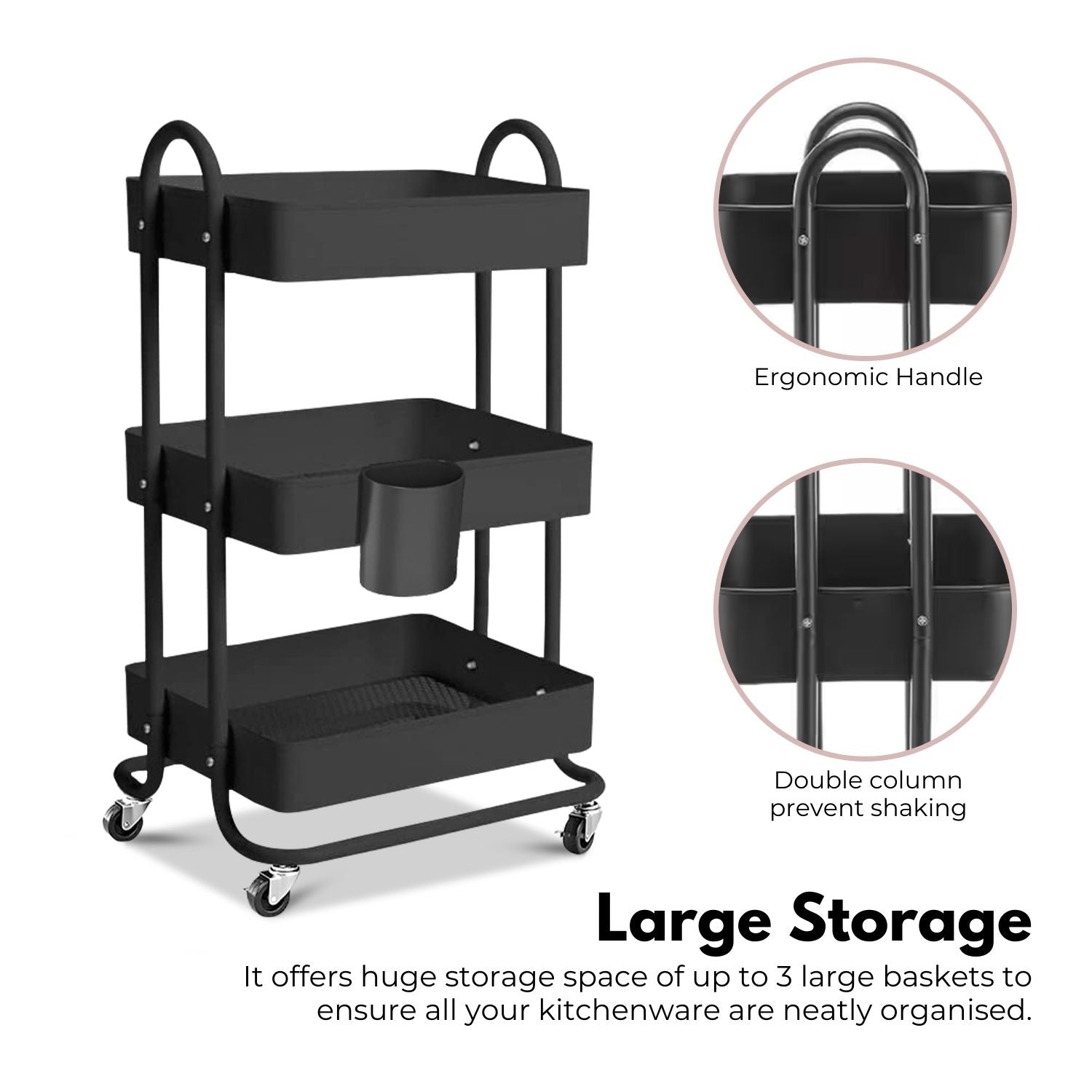 Durable Multifunction Kitchen Trolley Cart 3 Tier, 45kg Capacity, Black - EKKIO