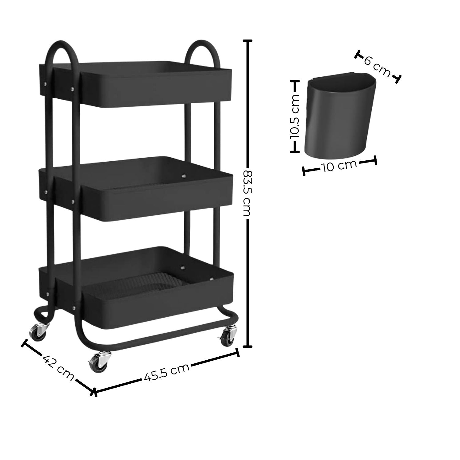 Durable Multifunction Kitchen Trolley Cart 3 Tier, 45kg Capacity, Black - EKKIO