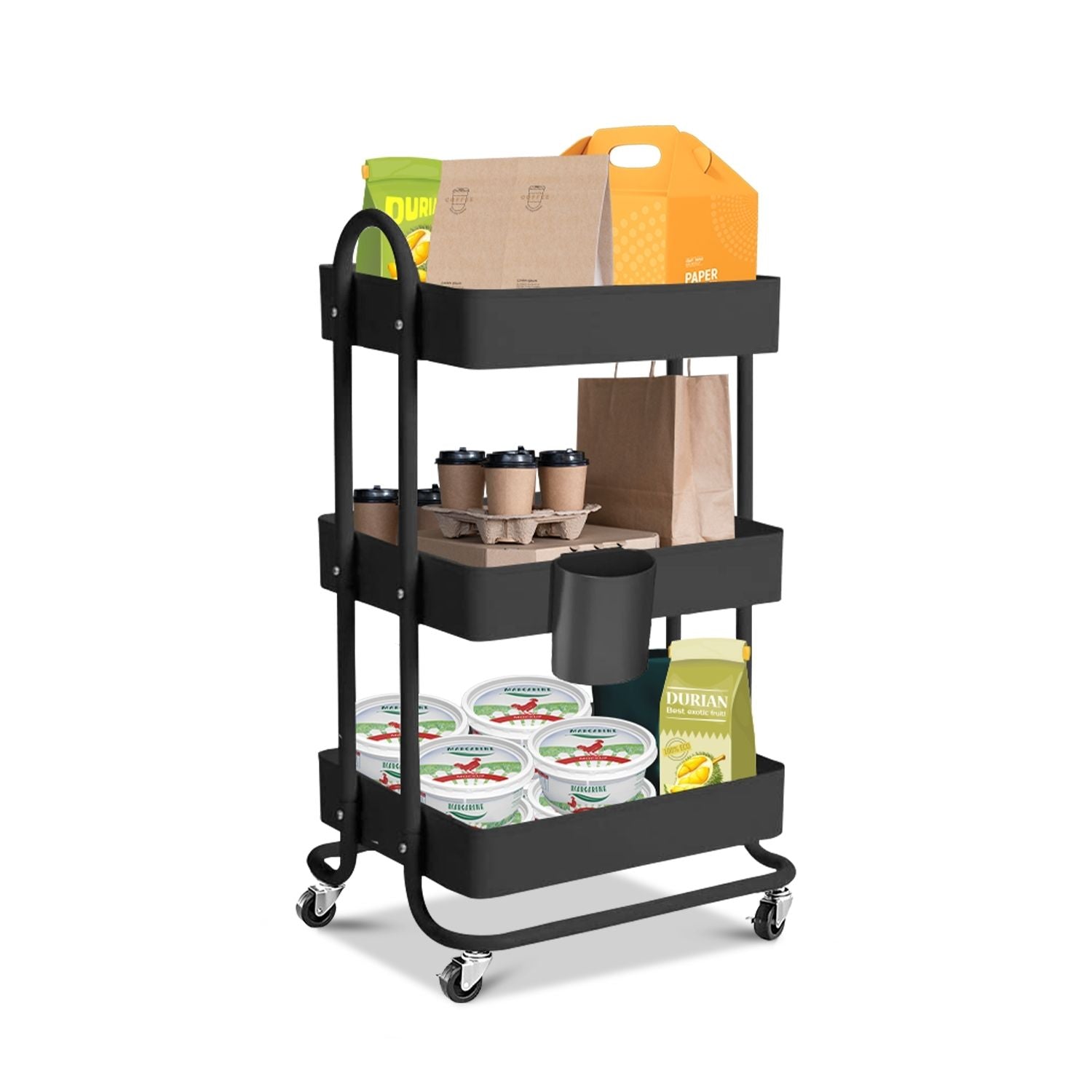 Durable Multifunction Kitchen Trolley Cart 3 Tier, 45kg Capacity, Black - EKKIO