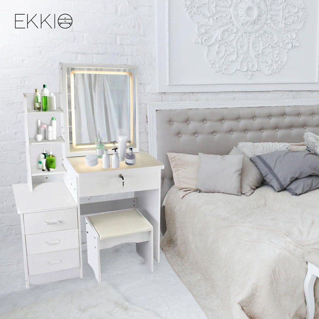 EKKIO Dressing Table White LED Mirror + Stool