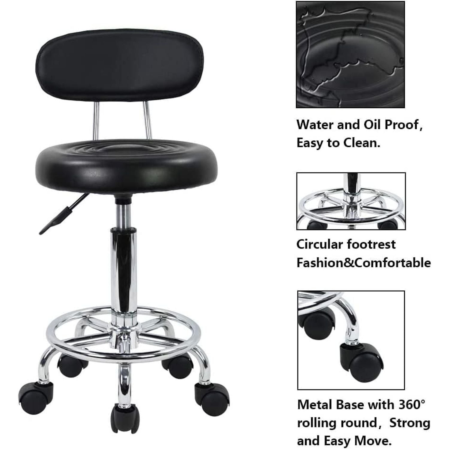 EKKIO Backrest Round Salon Stool with Adjustable Height (Black)