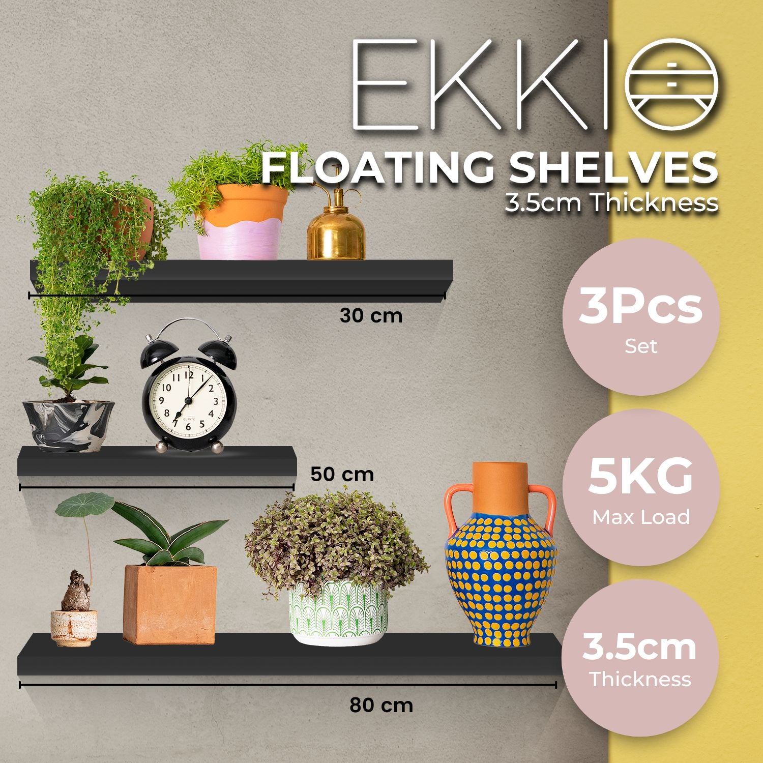 DIY 3-Size MDF Floating Wall Shelf Set - Black Ekkio