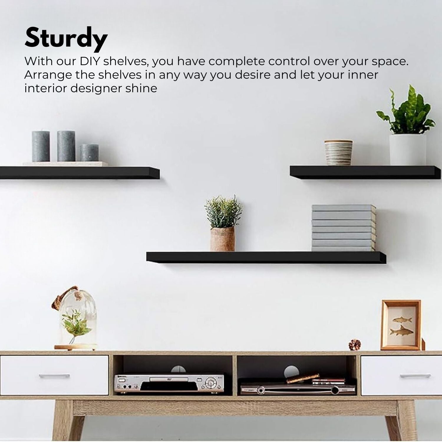 DIY 3-Size MDF Floating Wall Shelf Set - Black Ekkio