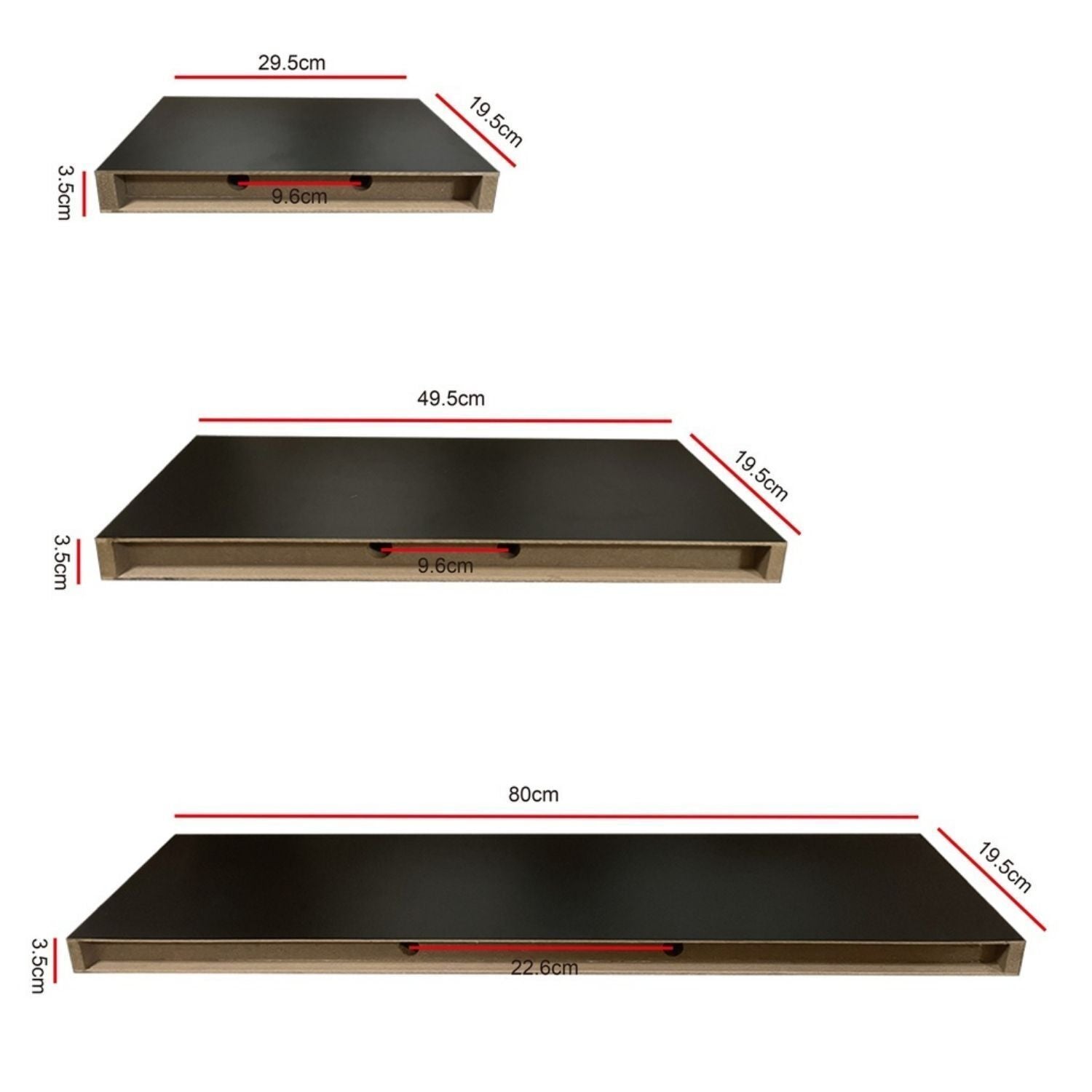 DIY 3-Size MDF Floating Wall Shelf Set - Black Ekkio