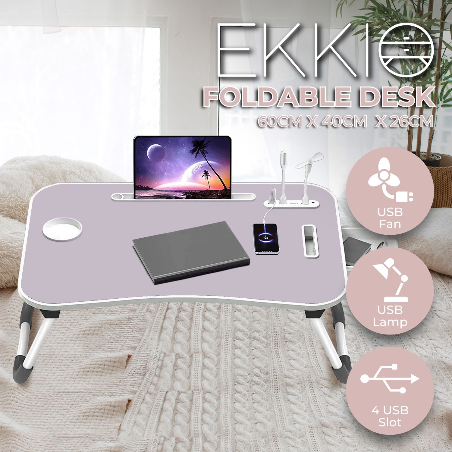 Ekkio Portable Laptop Bed Desk Foldable Legs with USB Charge Port Home Office Light Pink