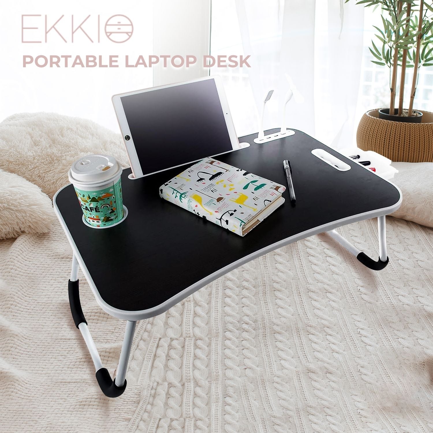 EKKIO Multifunctional Portable Bed Tray Laptop Desk with USB Charge Port (Black)