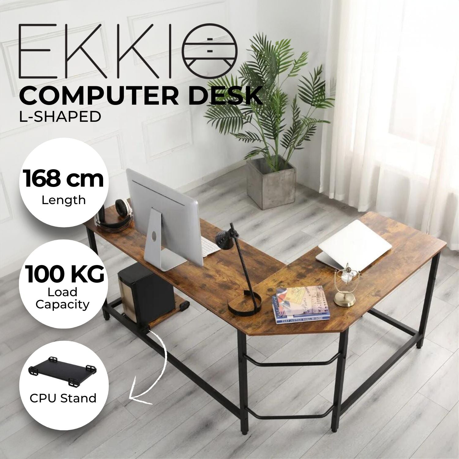 EKKIO L-Shaped Corner Computer Desk with CPU Stand (Brown)