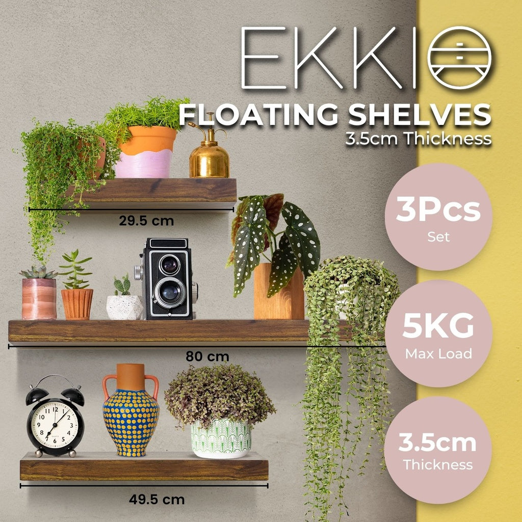 Space-Saving Floating Shelf Set of 3, MDF Brown - Ekkio