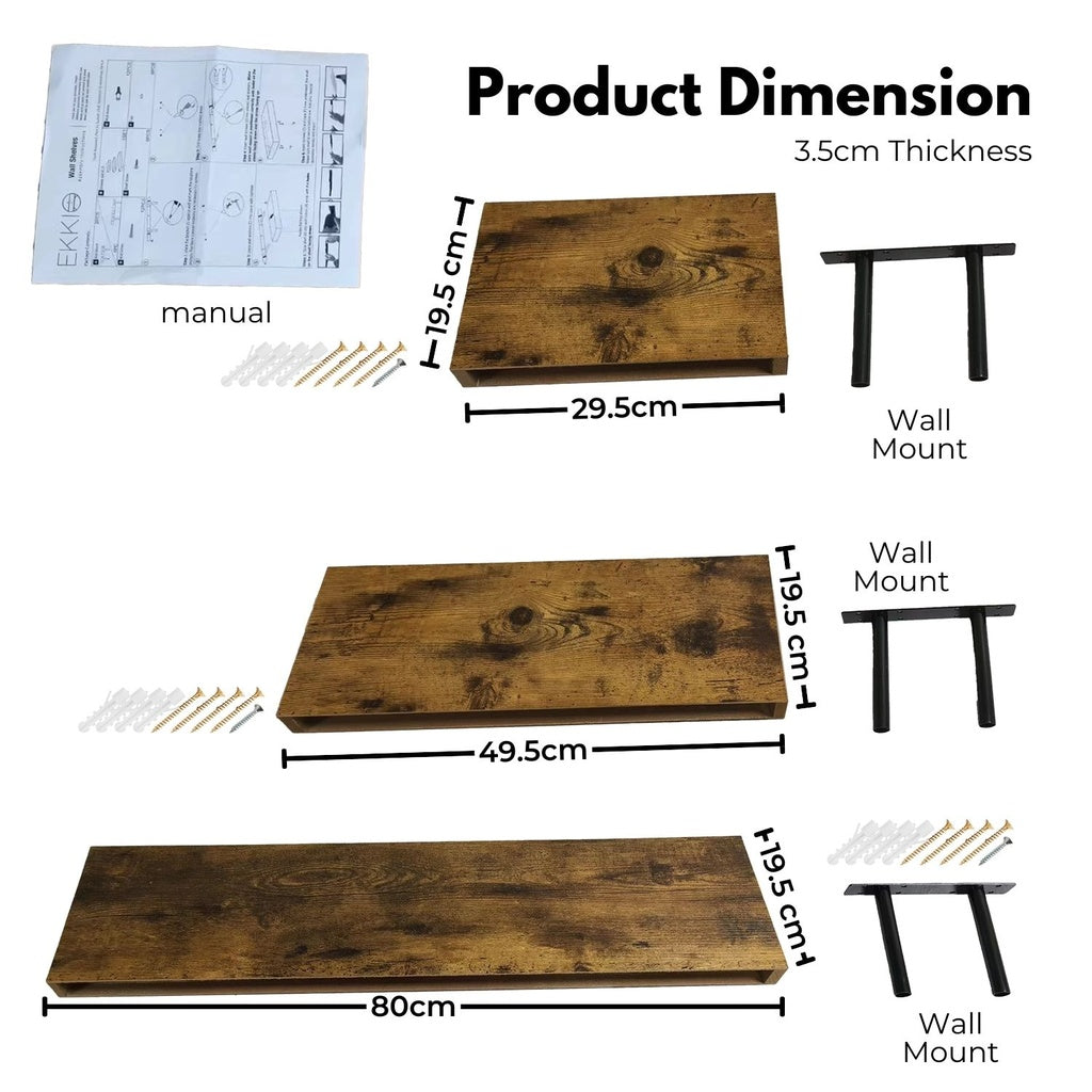 Space-Saving Floating Shelf Set of 3, MDF Brown - Ekkio