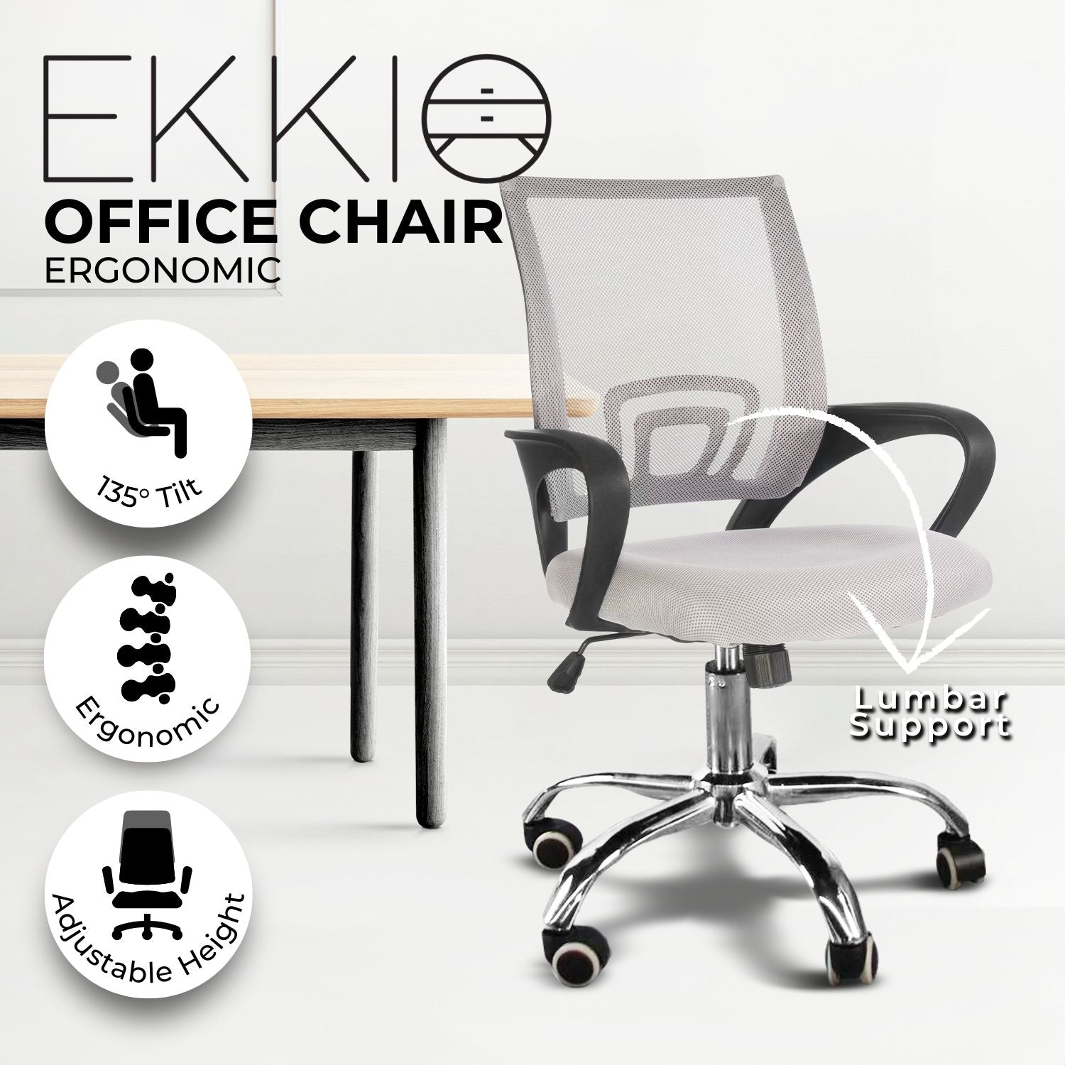 EKKIO Ergonomic Office Chair with Breathable Mesh Design and Lumbar Back Support (Grey)