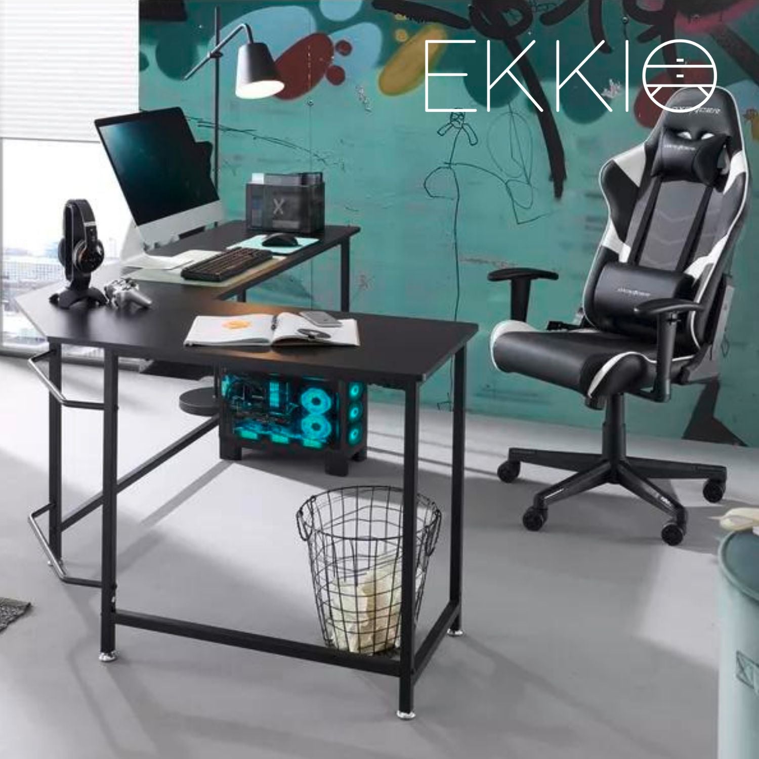 EKKIO L-Shaped Corner Computer Desk with CPU Stand (Black)