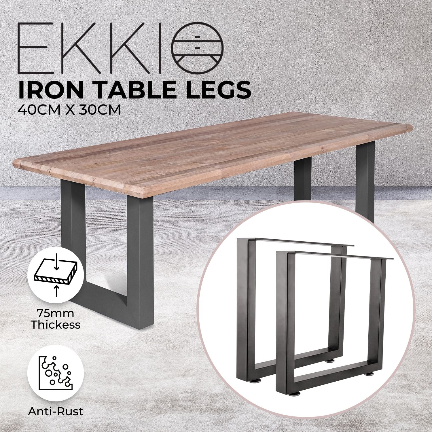 EKKIO 2x Rectangle Iron Table Legs 40 x 30cm (Black)