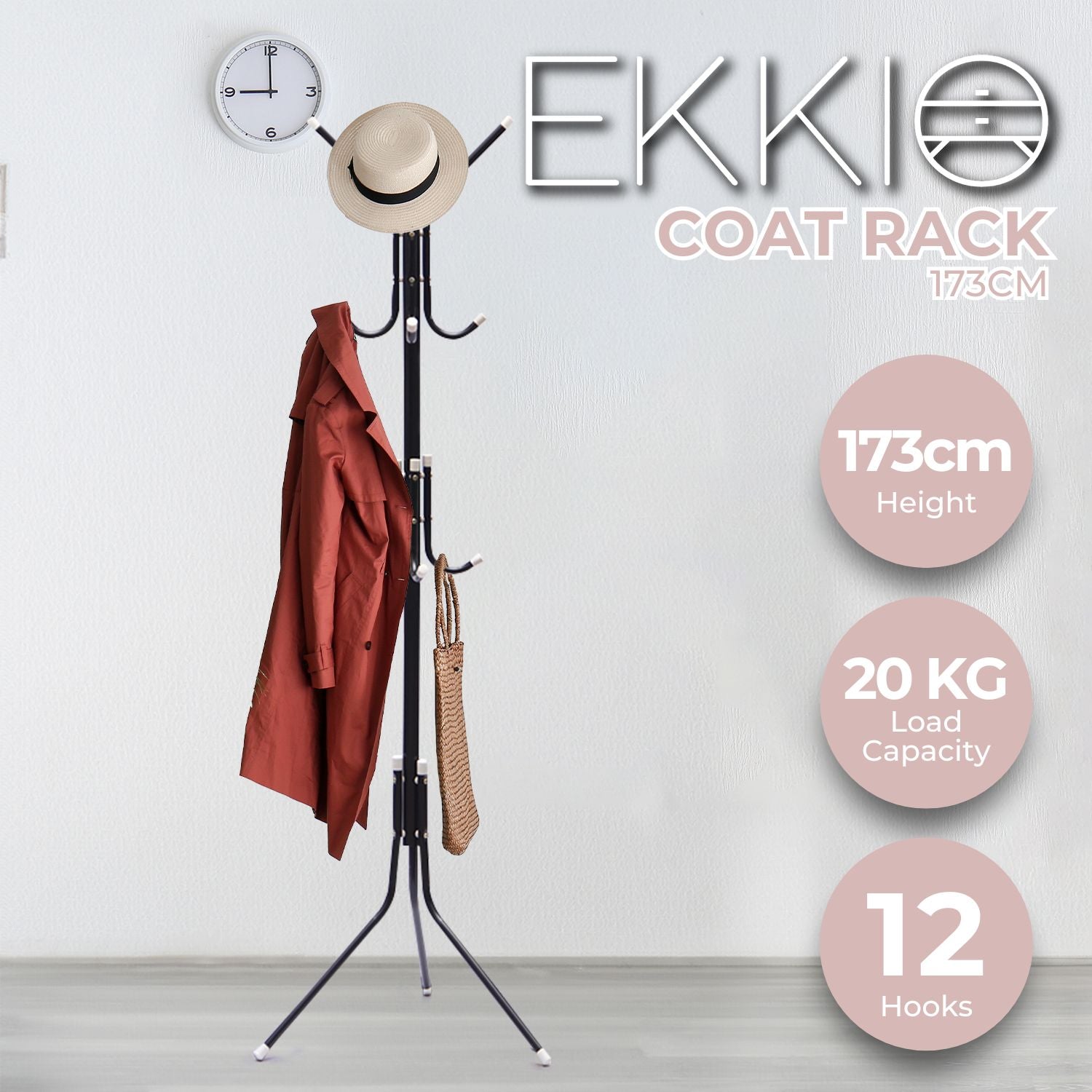 EKKIO 12 Hook Metal Coat Rack Stand with 3-Tier Hat Hanger (Black)