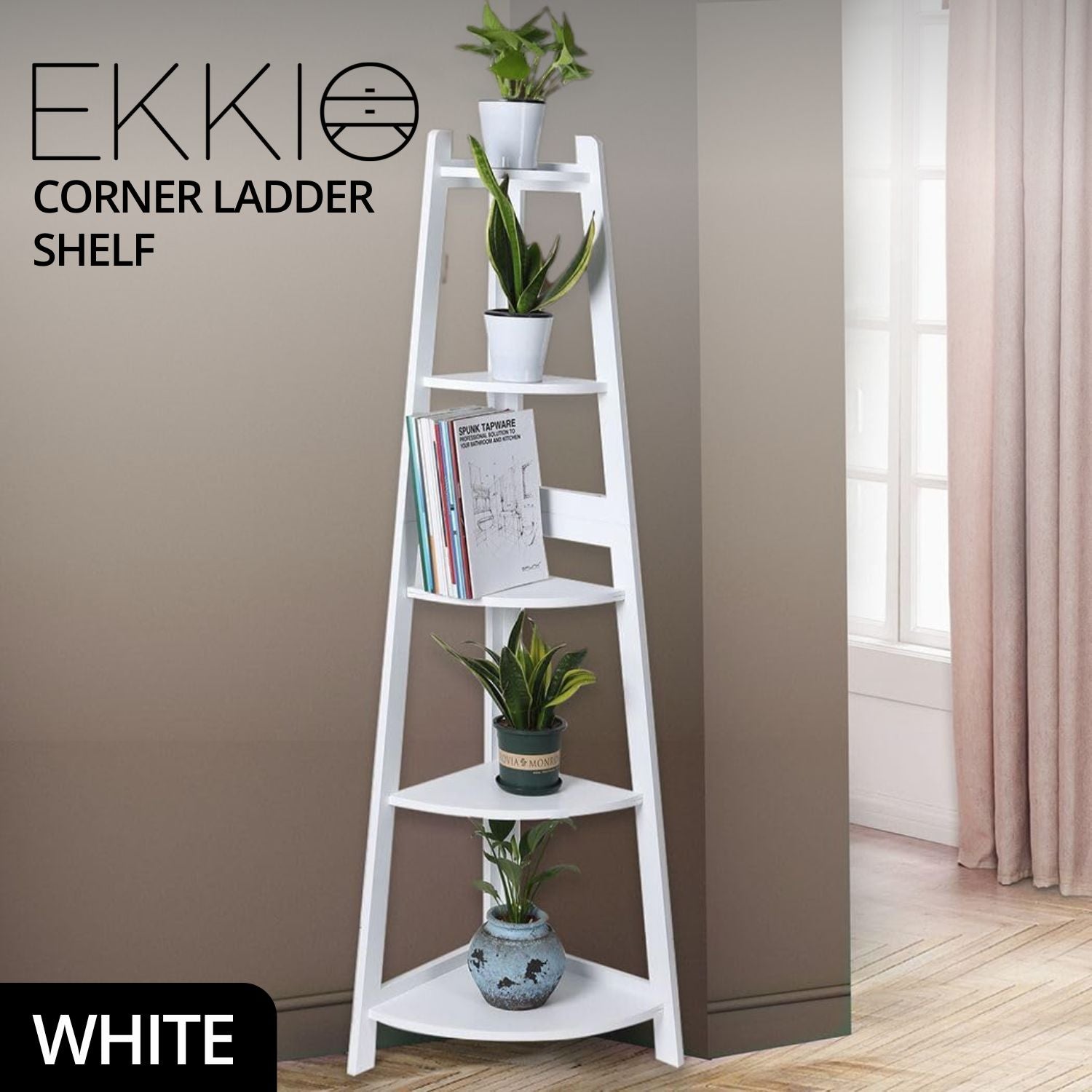 White MDF & Iron 5-Tier Corner Ladder Shelf by Ekkio