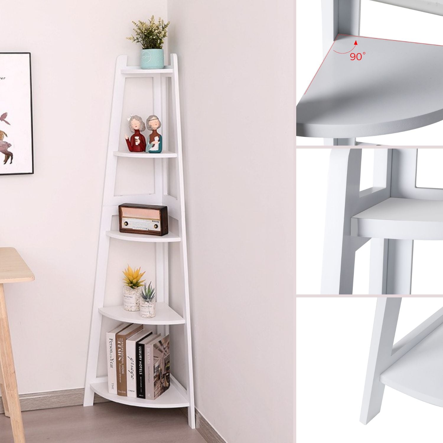 White MDF & Iron 5-Tier Corner Ladder Shelf by Ekkio