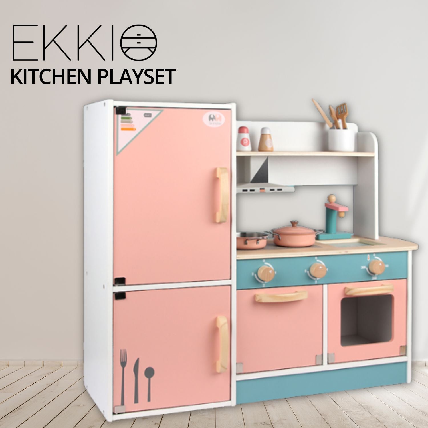 EKKIO Wooden Kitchen Playset for Kids (Refrigerator Kitchen Set)