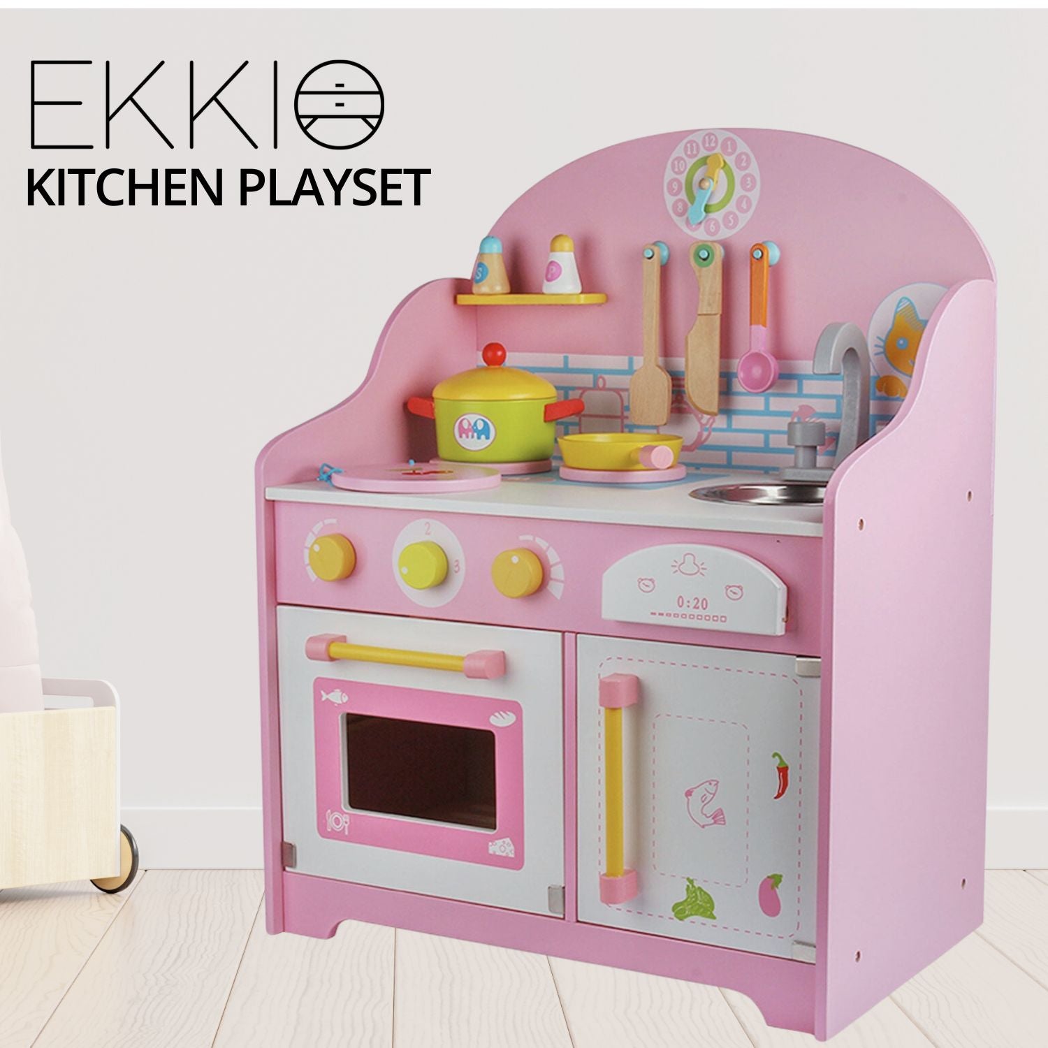 EKKIO Wooden Kitchen Playset for Kids with Clock (Japanese Style Kitchen Set, Pink)