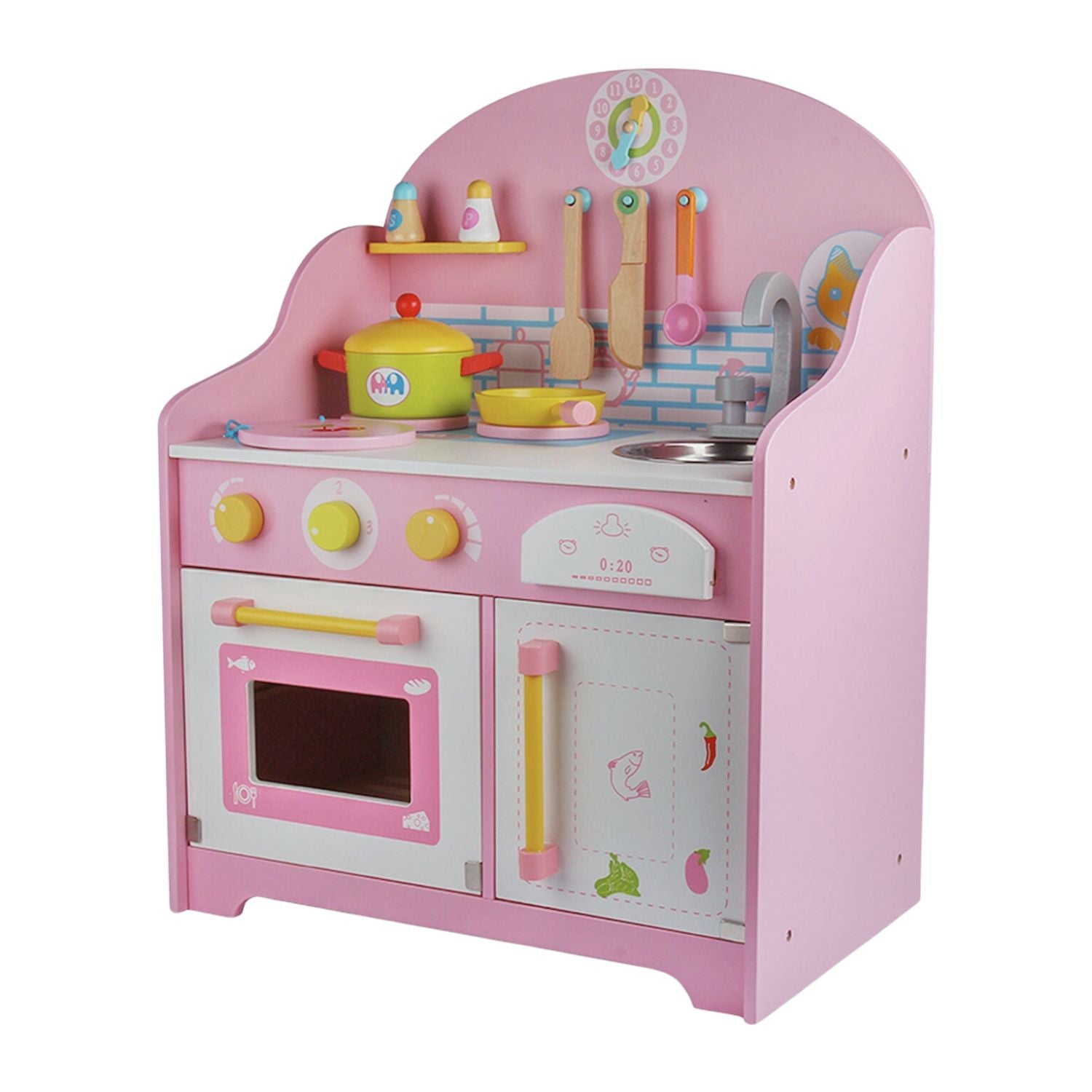 EKKIO Wooden Kitchen Playset for Kids with Clock (Japanese Style Kitchen Set, Pink)