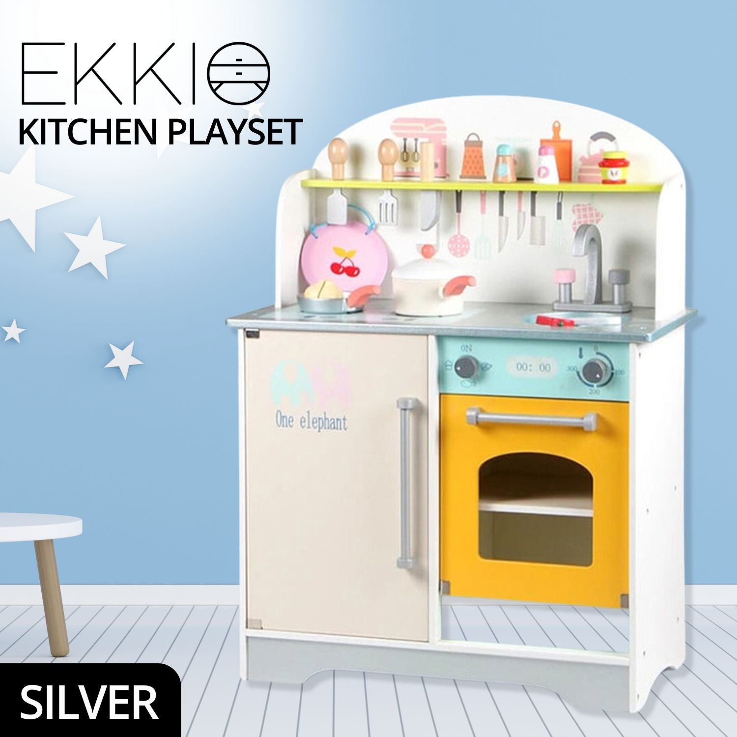 EKKIO Wooden Kitchen Playset for Kids (Japanese Style Kitchen Set, Silver)