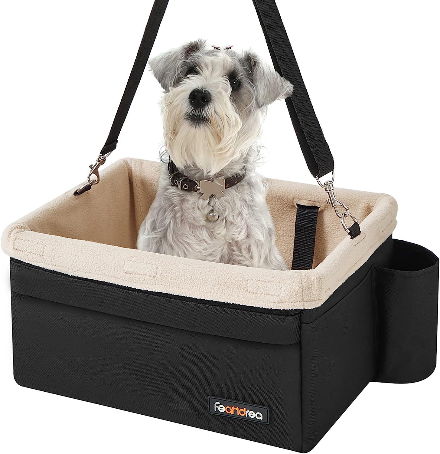 Feandrea Dog Car Seat Adjustable Straps Washable Liner 4 Pockets Black and Beige