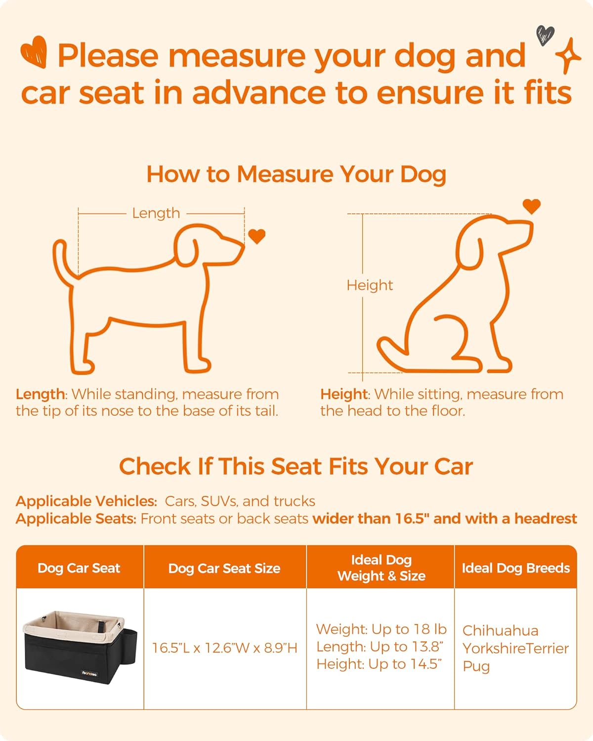 Feandrea Dog Car Seat Adjustable Straps Washable Liner 4 Pockets Black and Beige