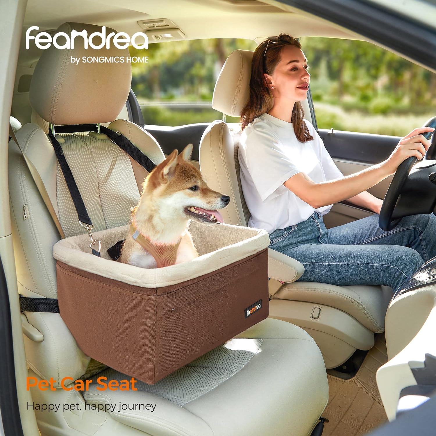 Feandrea Dog Car Seat Adjustable Straps Washable Liner 4 Pockets Brown and Beige