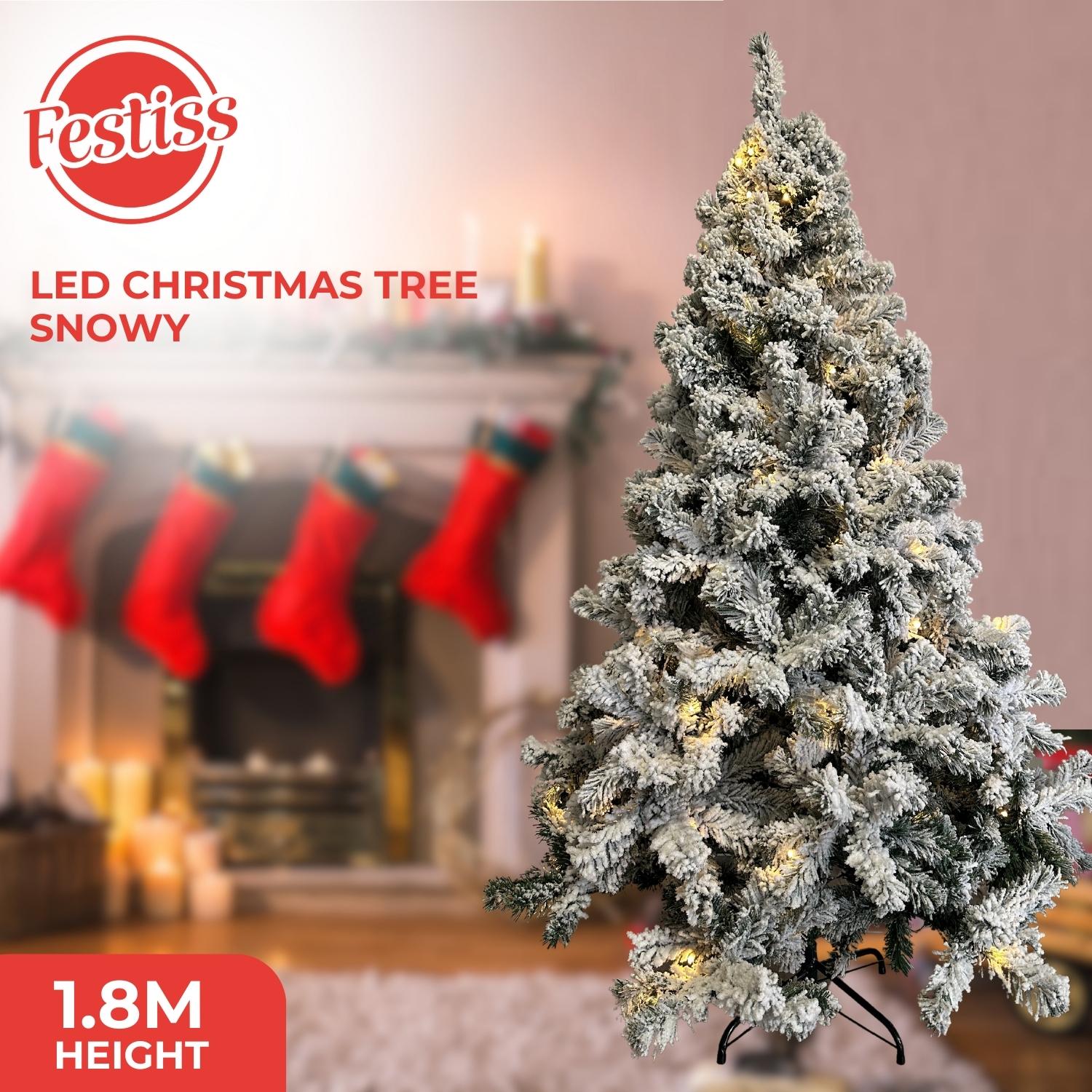 Snowy 1.8m Artificial LED Christmas Tree, Safe, Thick PVC Branches - Festiss