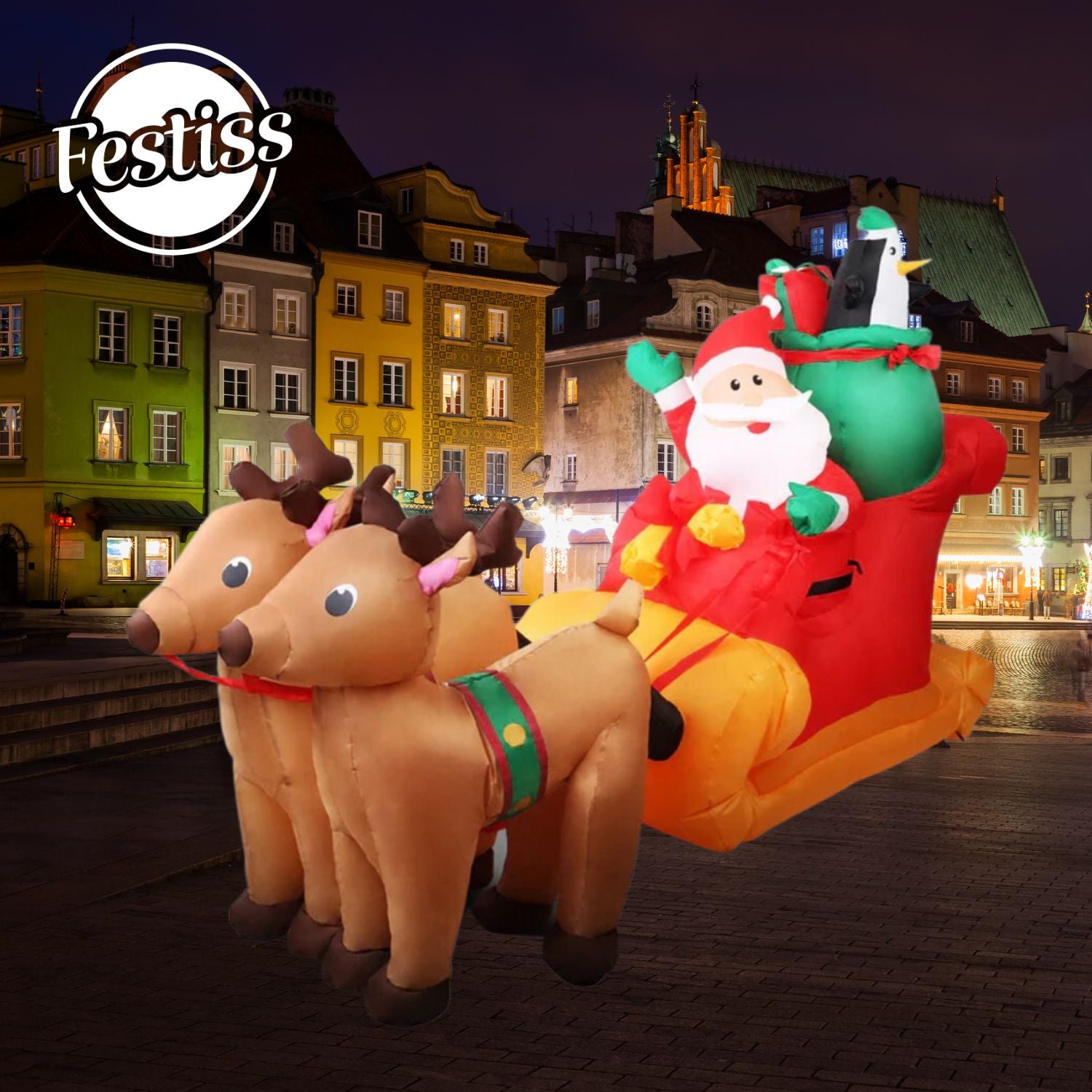 LED Santa and Reindeer Inflatable 2.2m, 210T Polyester, Festiss