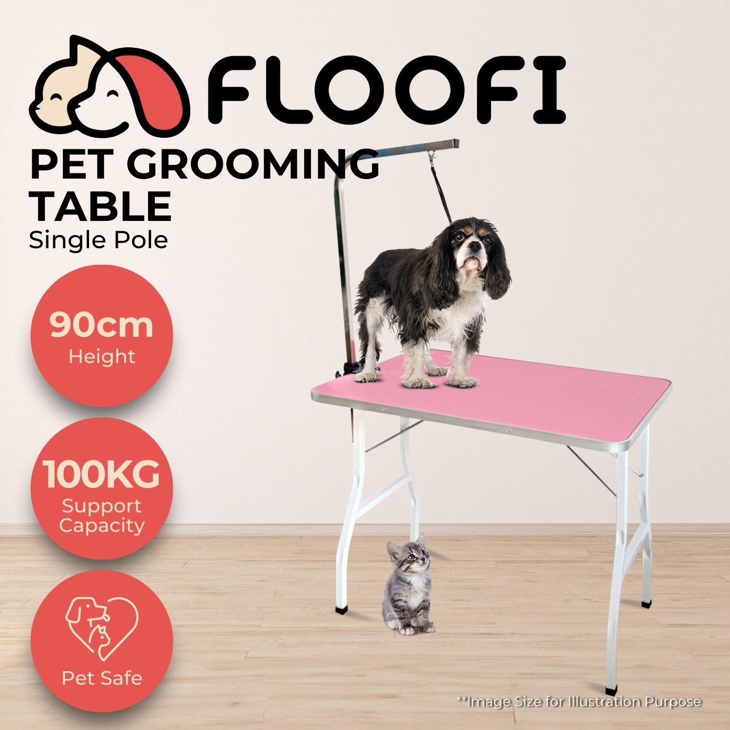 Floofi Pet Grooming Table 90cm Single Pole (Pink)