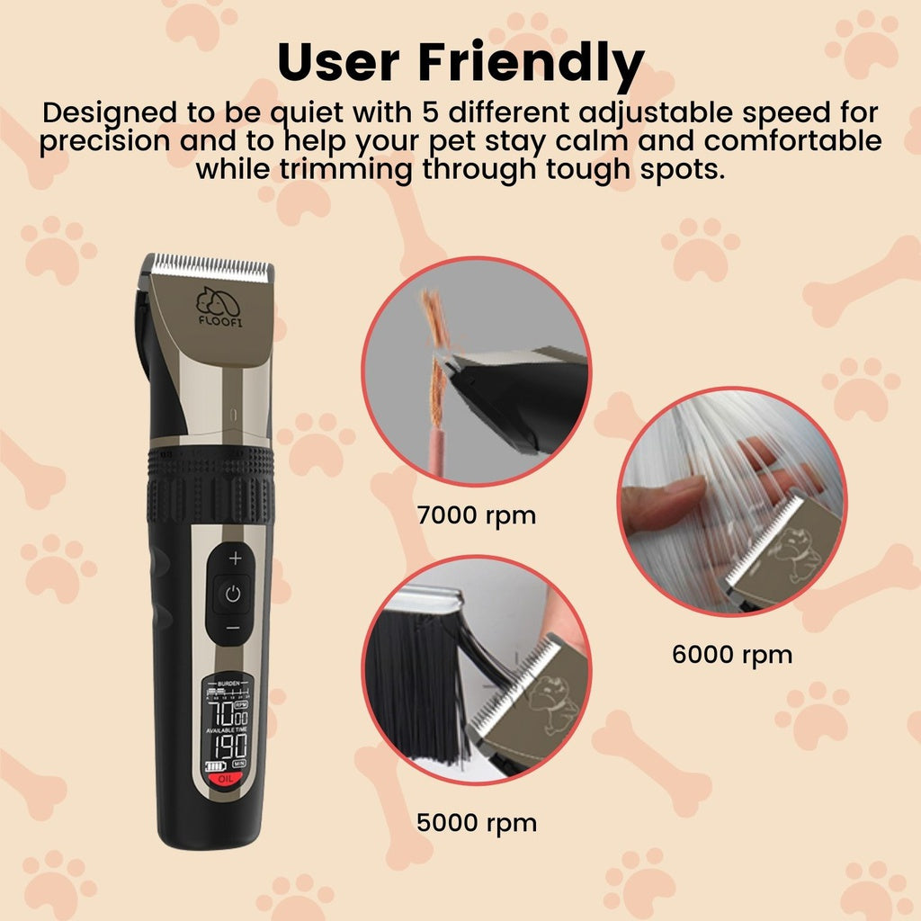 Powerful 5-Speed Pet Trimmer Set, LCD Display, Low Noise - Floofi