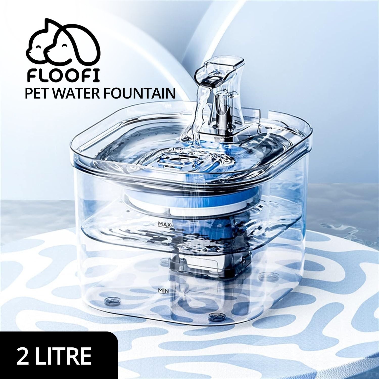 2L Transparent Pet Water Fountain, 3-Layer Filtration - Floofi