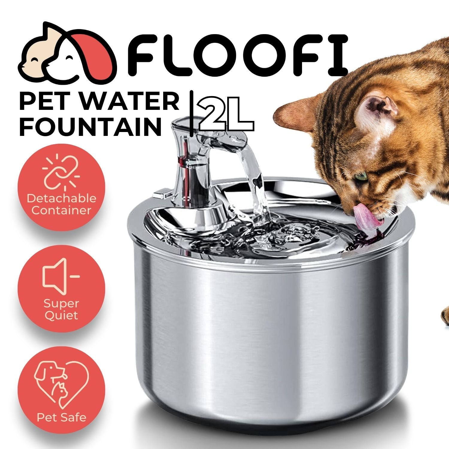 Super Quiet 2L Pet Water Fountain - Food Grade Stainless Steel, Adjustable Flow - Floofi