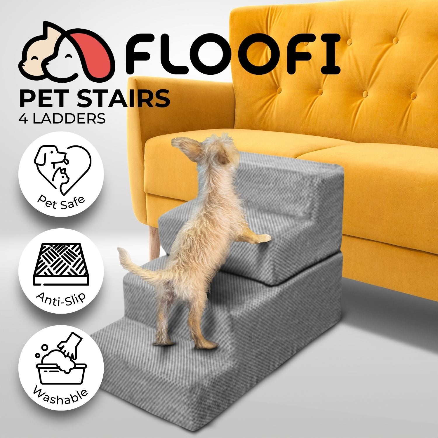 FLOOFI 4-Step Detachable Memory Foam Pet Stairs with Removable Washable Cover (Grey)
