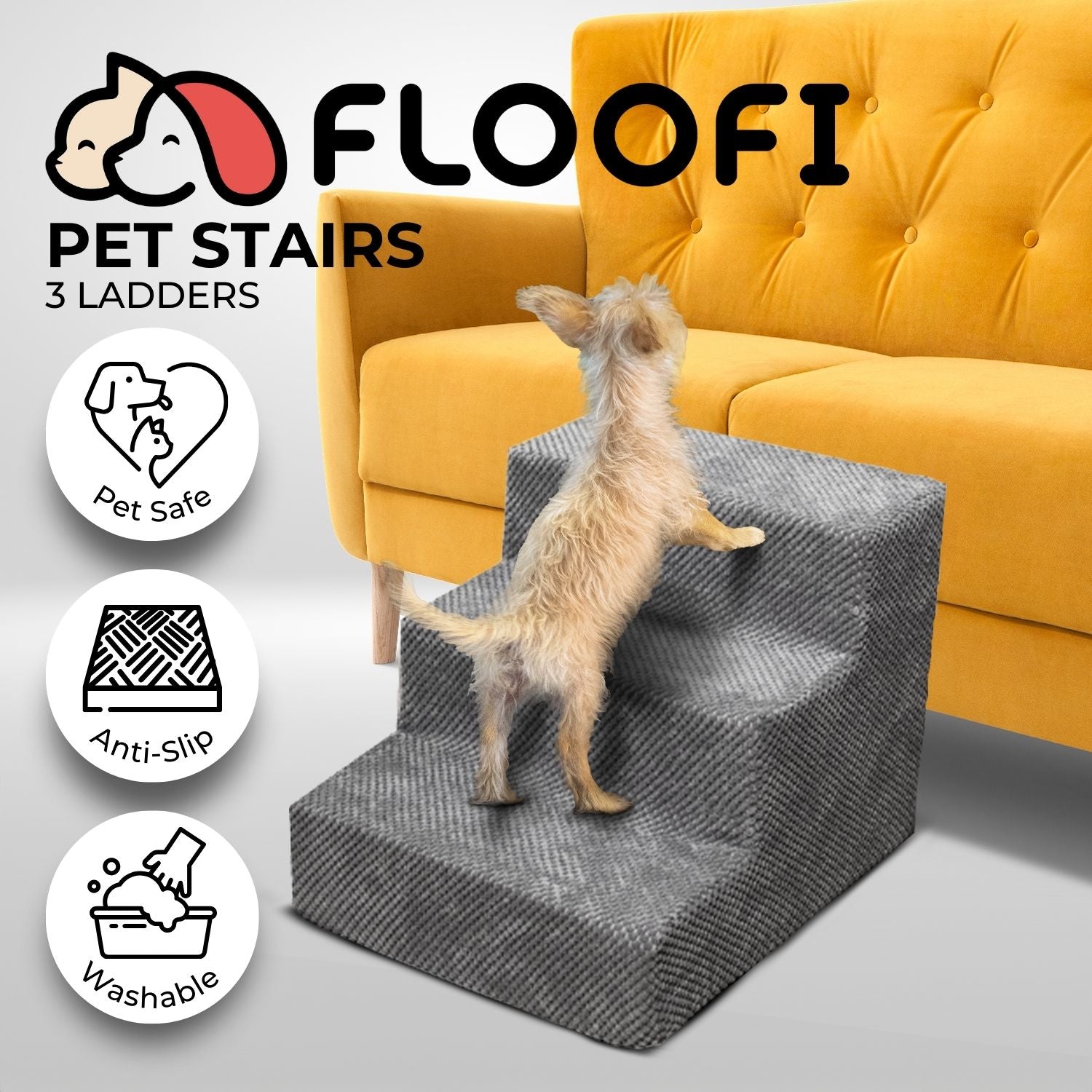 FLOOFI 3-Step Detachable Memory Foam Pet Stairs with Removable Washable Cover (Grey)