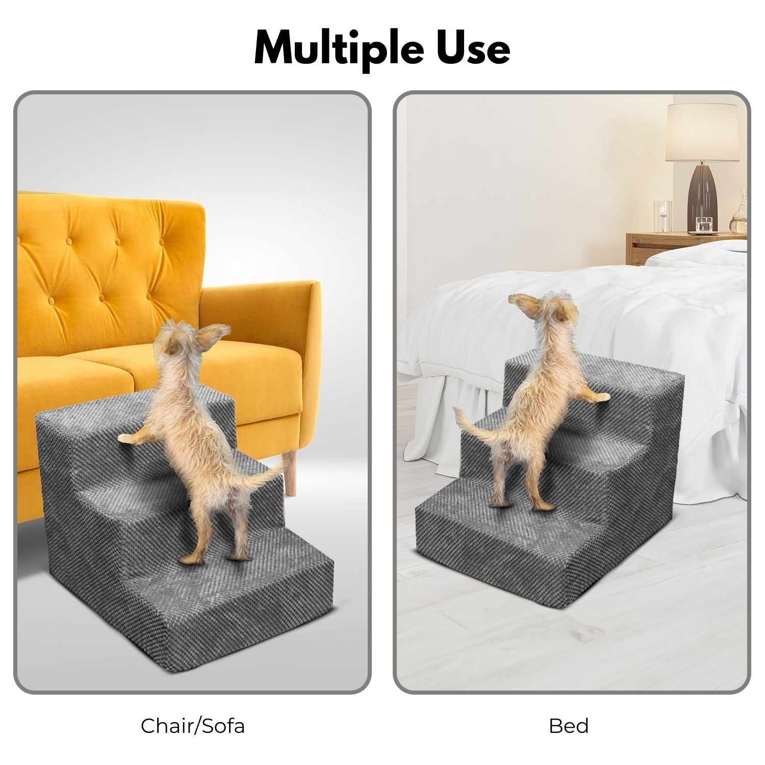 FLOOFI 3-Step Detachable Memory Foam Pet Stairs with Removable Washable Cover (Grey)