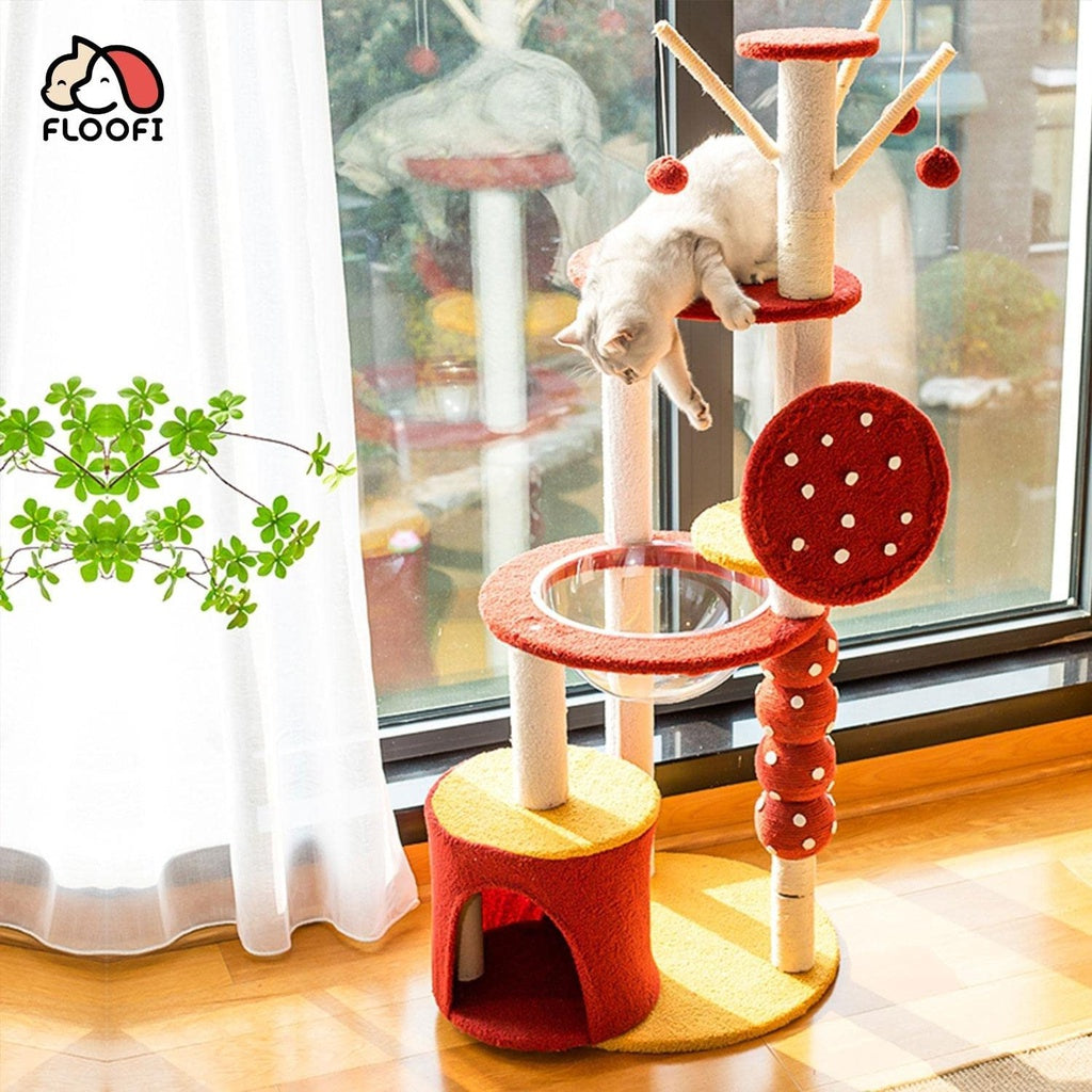 Luxury Plush 130cm Cat Tree Condo, Red Yellow - Floofi