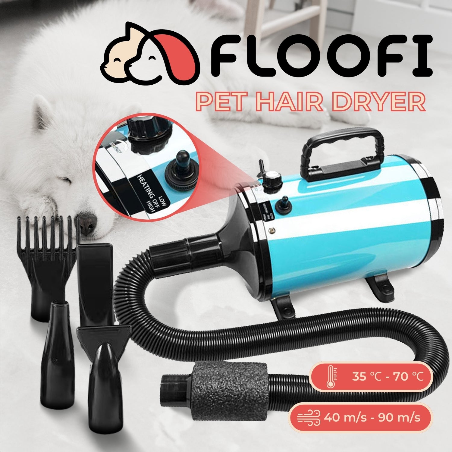 Low Noise Pet Hair Dryer, 4 Air Outlets, 2800W - Floofi