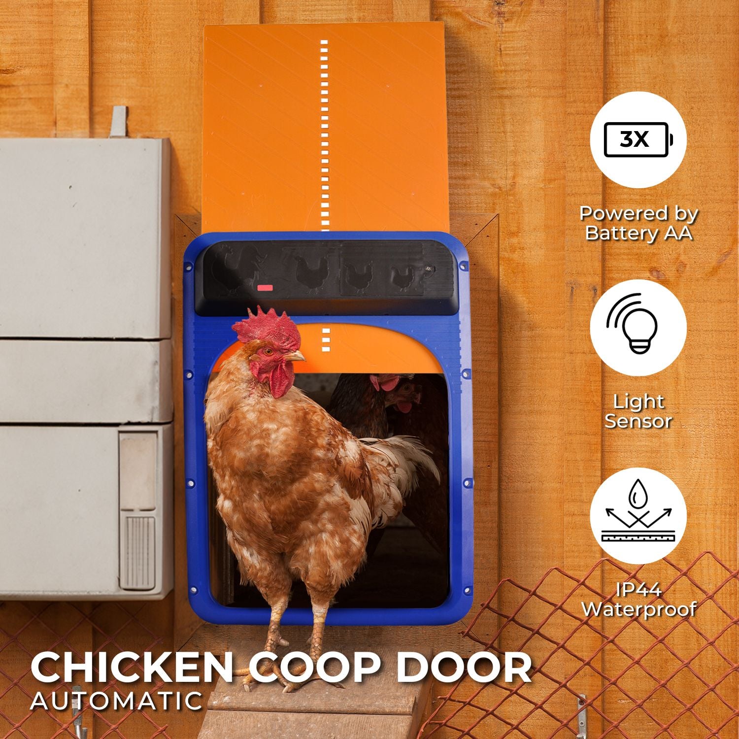 FLOOFI Automatic Chicken Coop Door Opener with Light Sensing (Blue and Yellow)
