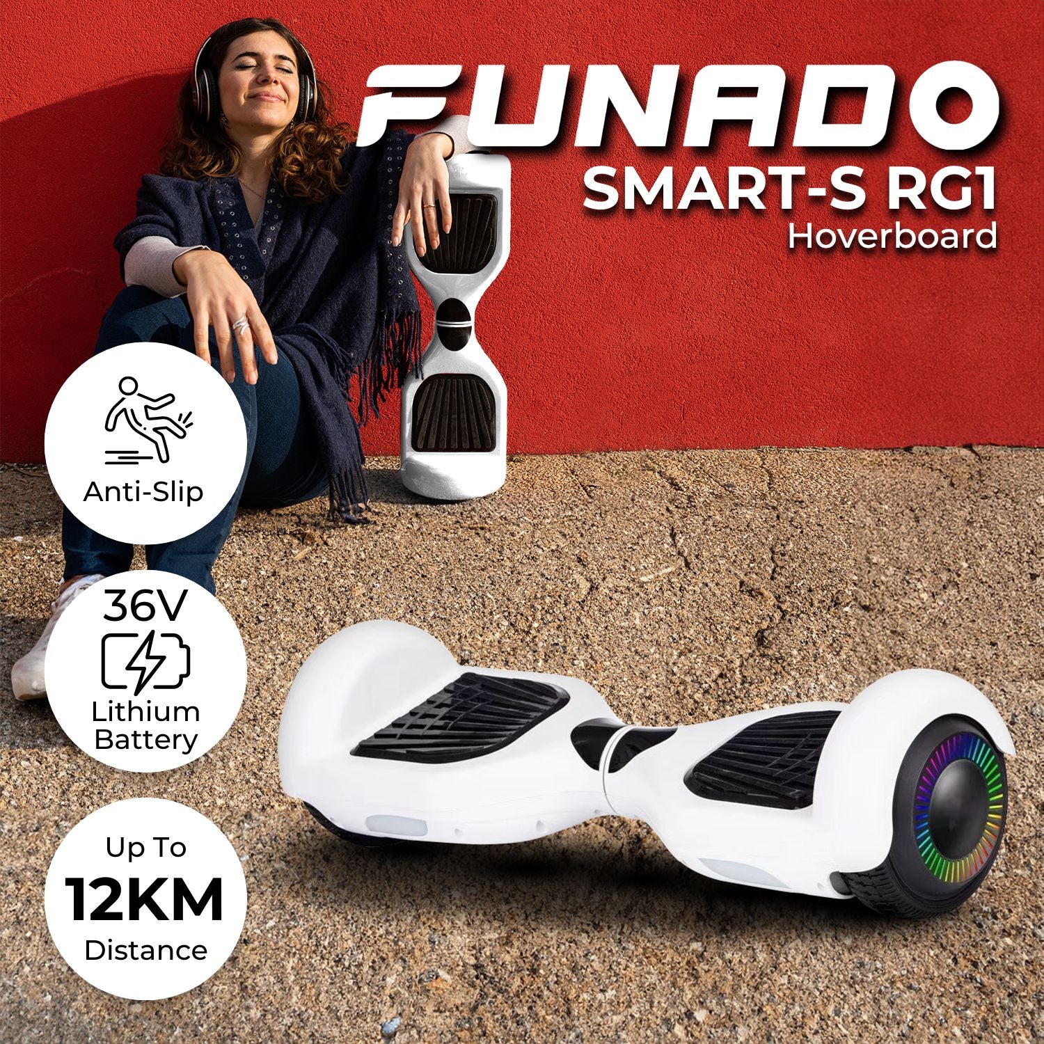 Bluetooth Hoverboard w/ Lights & Carry Bag, White - Funado