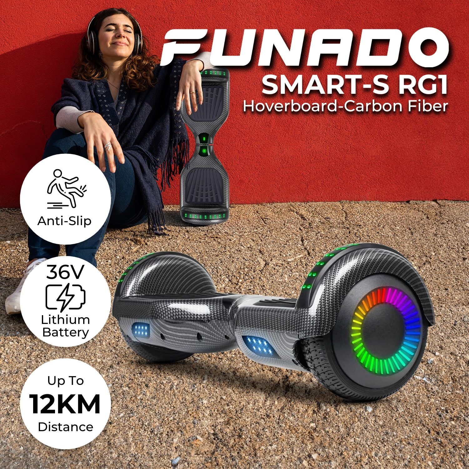 Carbon Fiber Hoverboard, Bluetooth, Safety Features - Funado