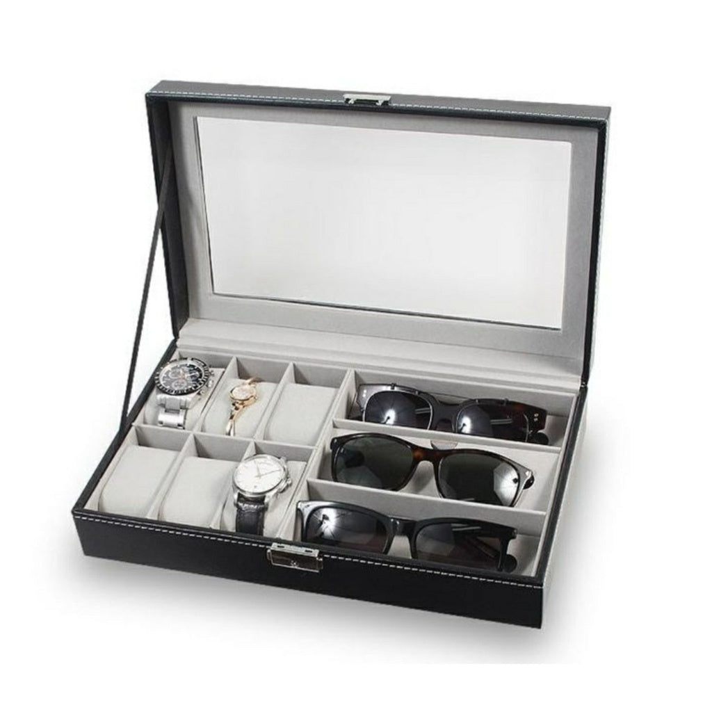 Black 6-Slot Watch & 3-Slot Glasses Box with Display Window