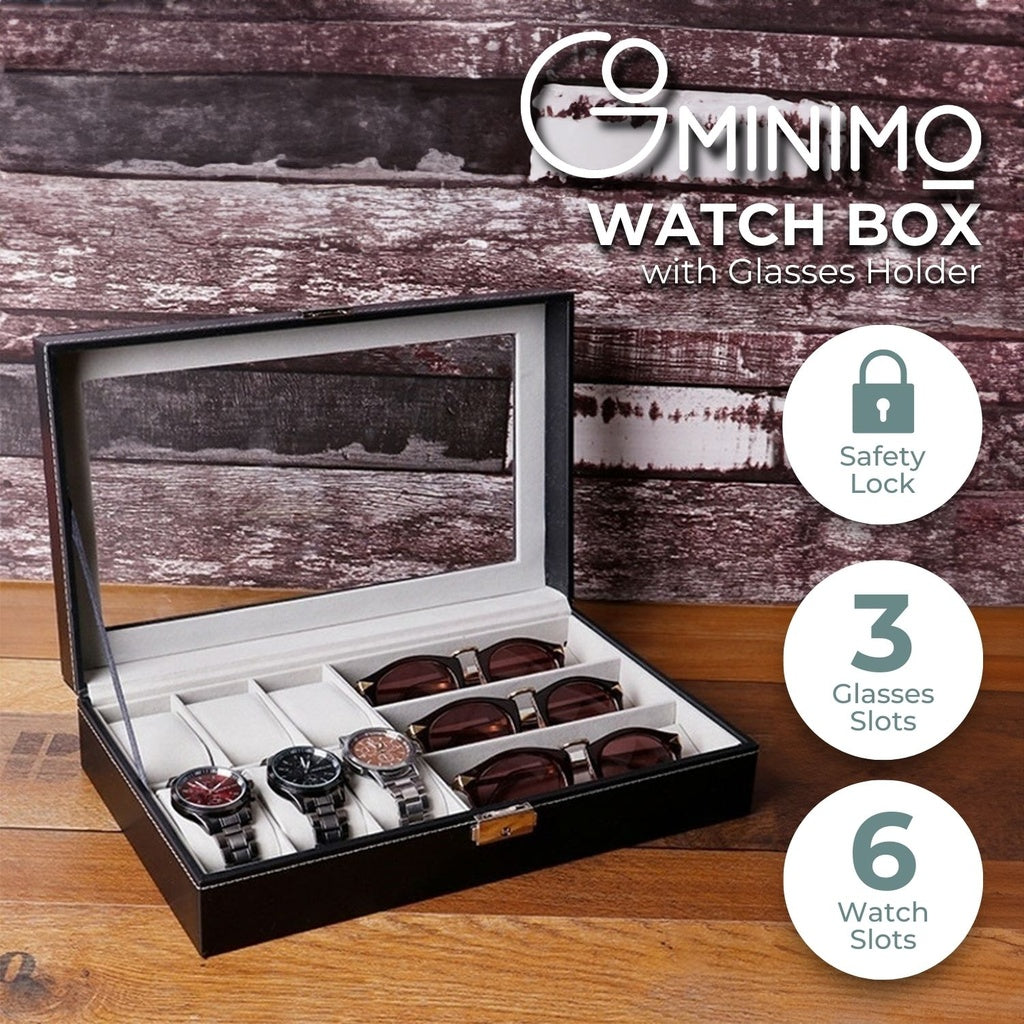 Black 6-Slot Watch & 3-Slot Glasses Box with Display Window