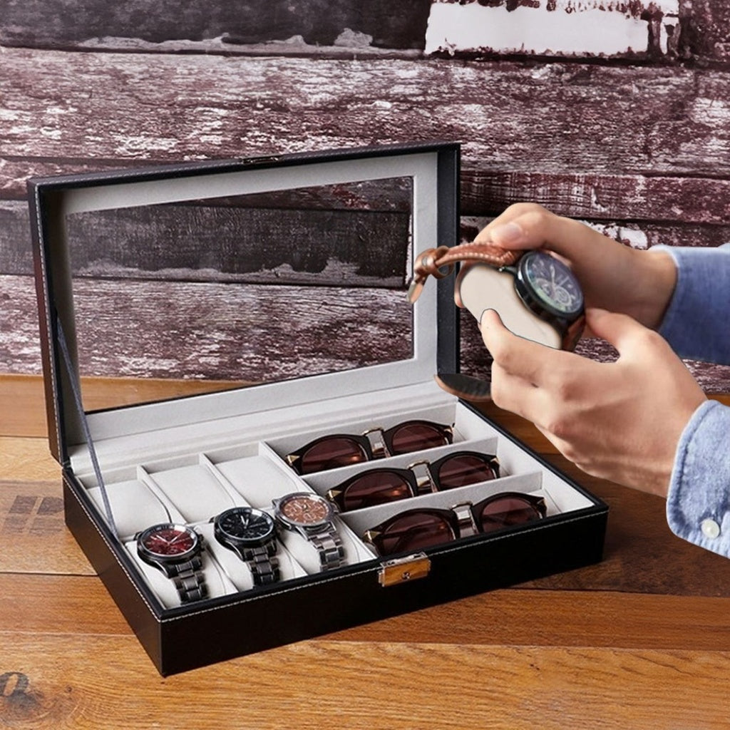 Black 6-Slot Watch & 3-Slot Glasses Box with Display Window