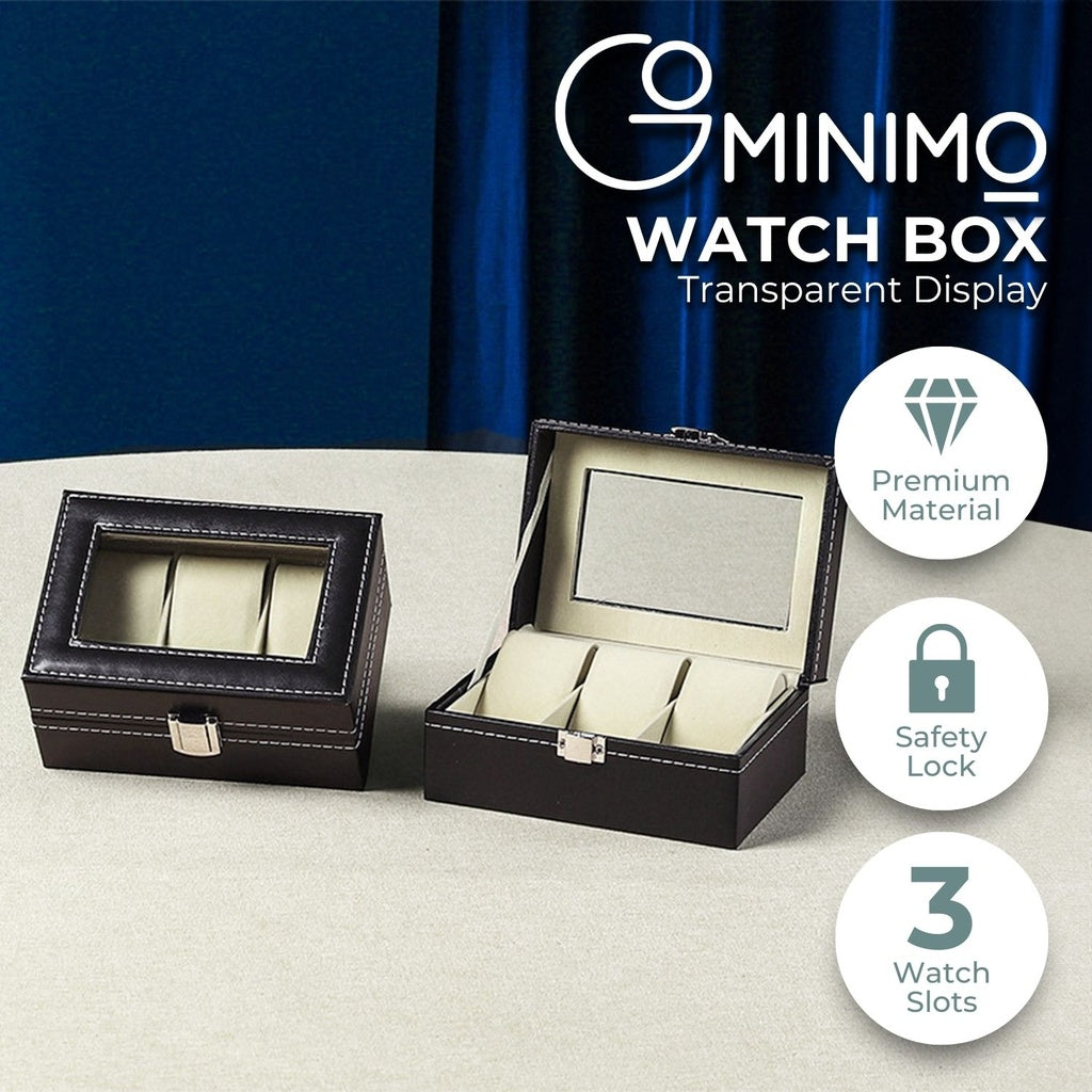 3 Slot Watch Display Box With Clear Window, PU Leather Black