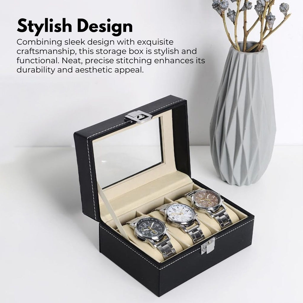 3 Slot Watch Display Box With Clear Window, PU Leather Black