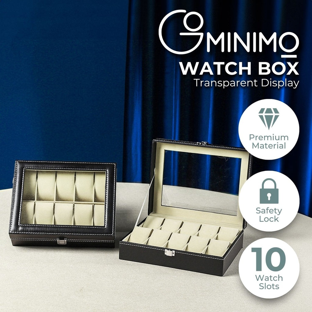 PU Leather 10 Slot Watch Holder Box with Lock & Window - Gominimo