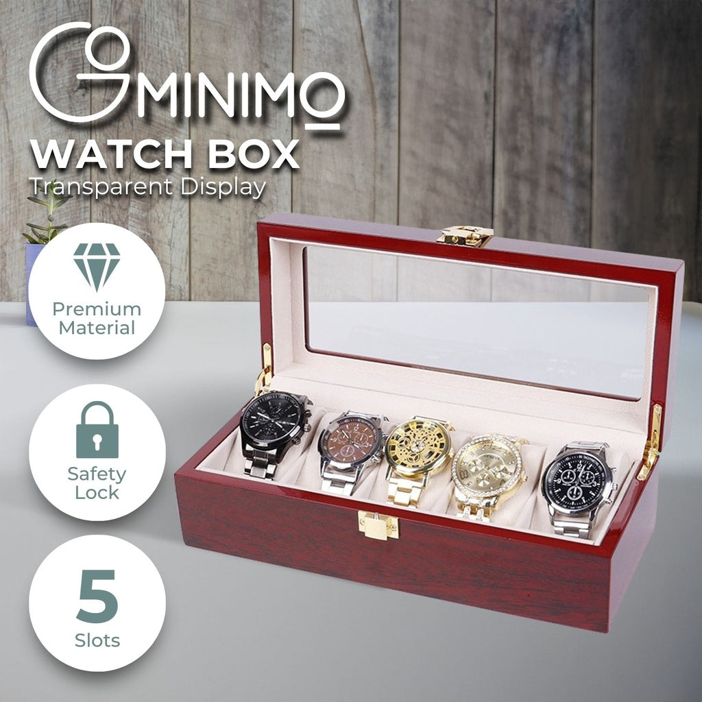 High-Quality Gominimo 5 Slot Watch Display Box, Red Wood