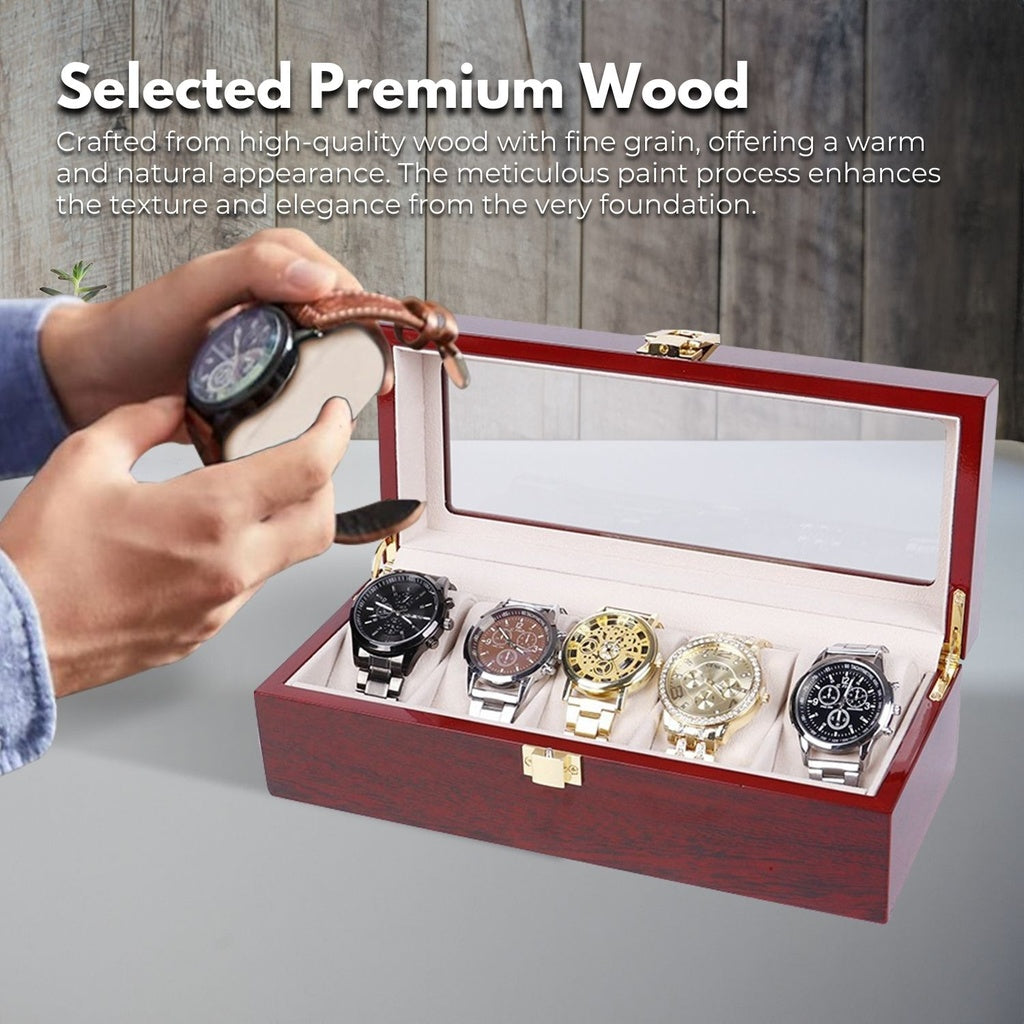 High-Quality Gominimo 5 Slot Watch Display Box, Red Wood